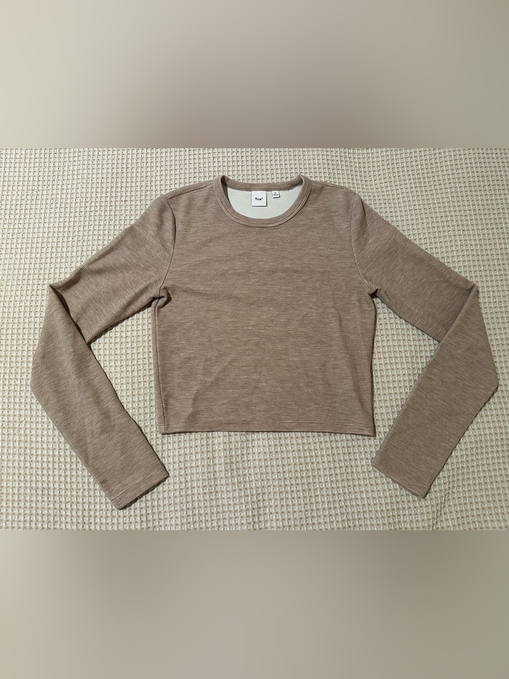 Aritzia TNA Cropped Waffle-Knit Long-Sleeve Top in Tab